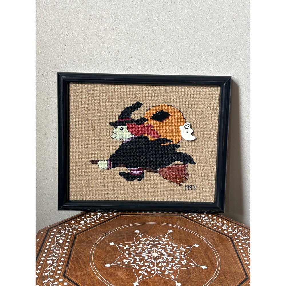 Vintage Framed Halloween Cross-Stitch Flying Witch 3D Accents Ghost Bat 1997